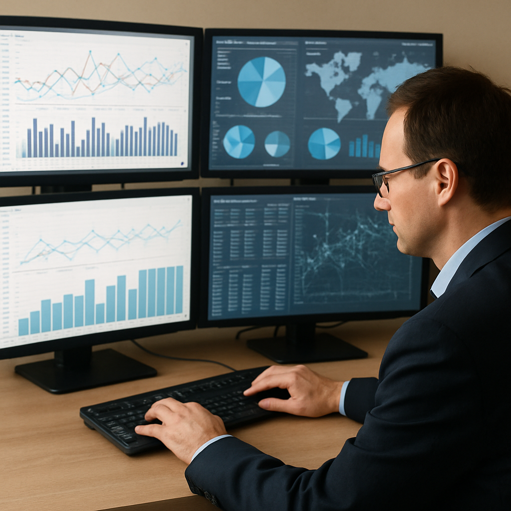 A professional analyzing complex data streams on multiple monitors
