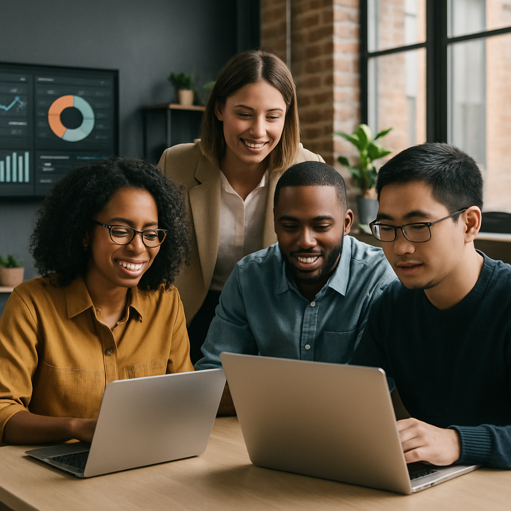 A team of diverse professionals in a collaborative, tech-forward workspace
