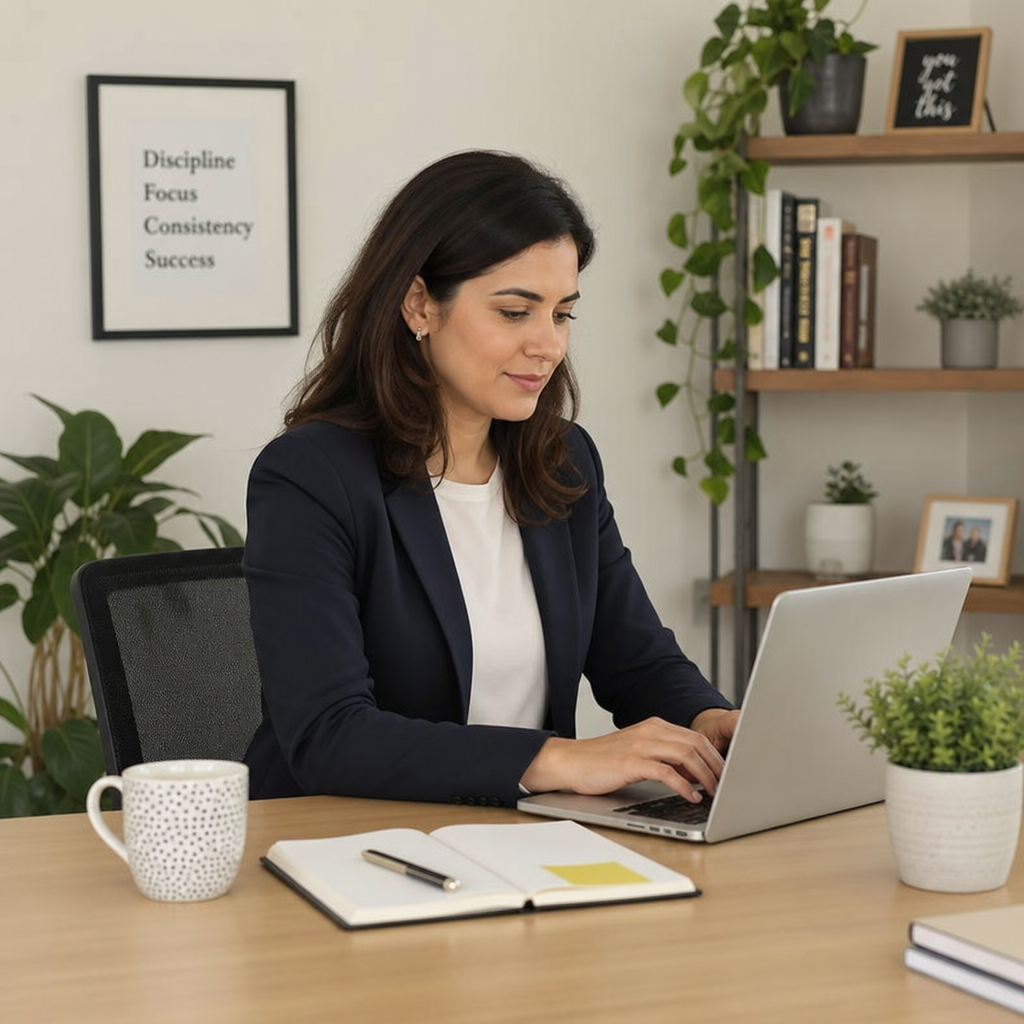 A professional woman typing on a laptop at her home workspace