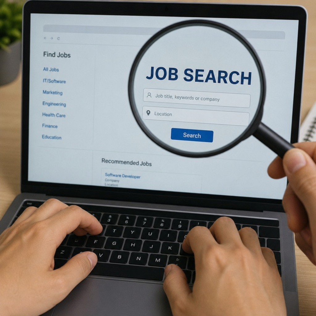 A close-up of hands typing on a keyboard with a magnifying glass over the screen, symbolizing job search
