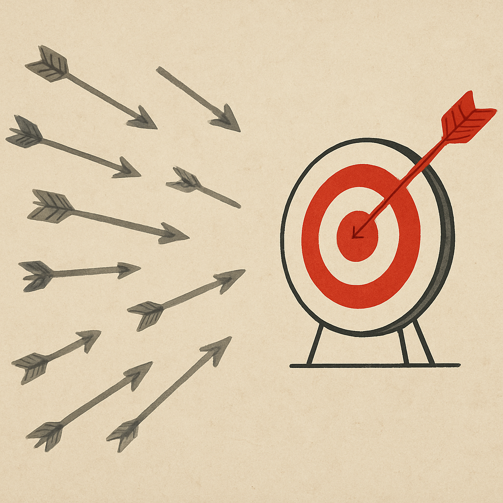 A simple illustration showing a single, bright, well-aimed arrow hitting a bullseye compared to a cloud of gray, dull arrows missing a target.
