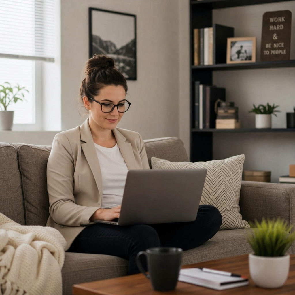 A professional working comfortably on a laptop from their home office couch