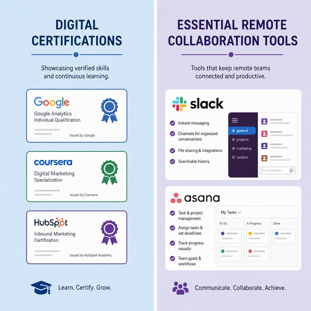 Split screen highlighting digital certifications and essential remote collaboration tools like Slack and Asana
