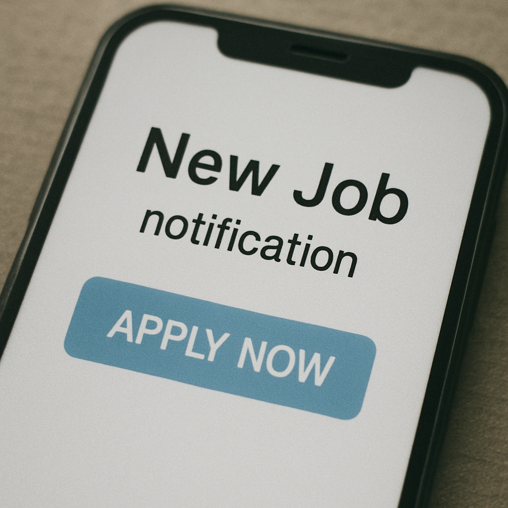 A close-up shot of a smartphone screen displaying a new job notification with an 'Apply Now' button highlighted.