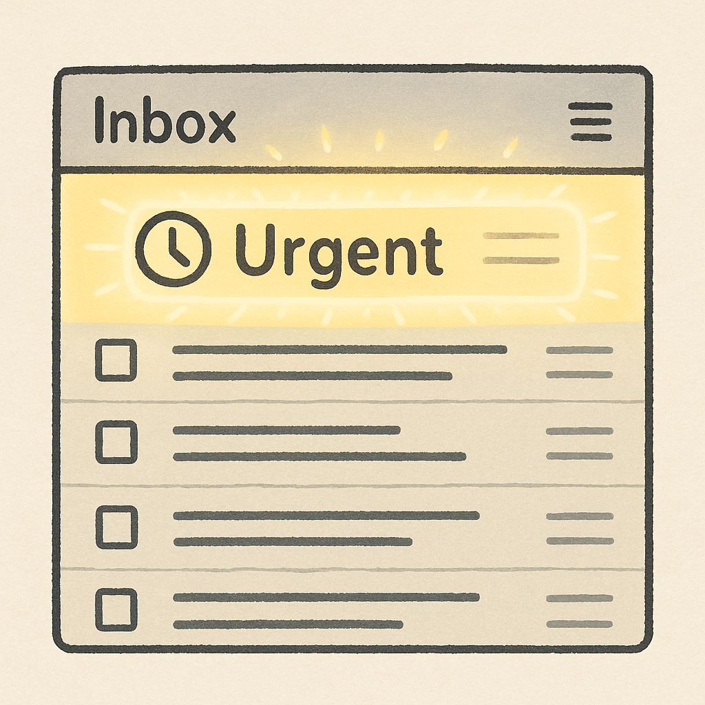 A clean, simple illustration of a digital inbox where the top email is glowing and marked 'Urgent' next to a clock icon.
