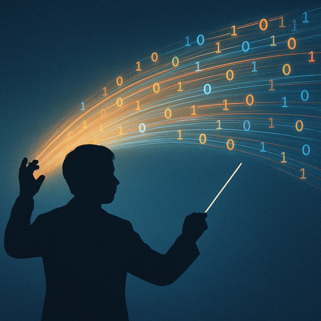 A simple visual of a person holding a conductor's baton directing a digital light stream representing data.