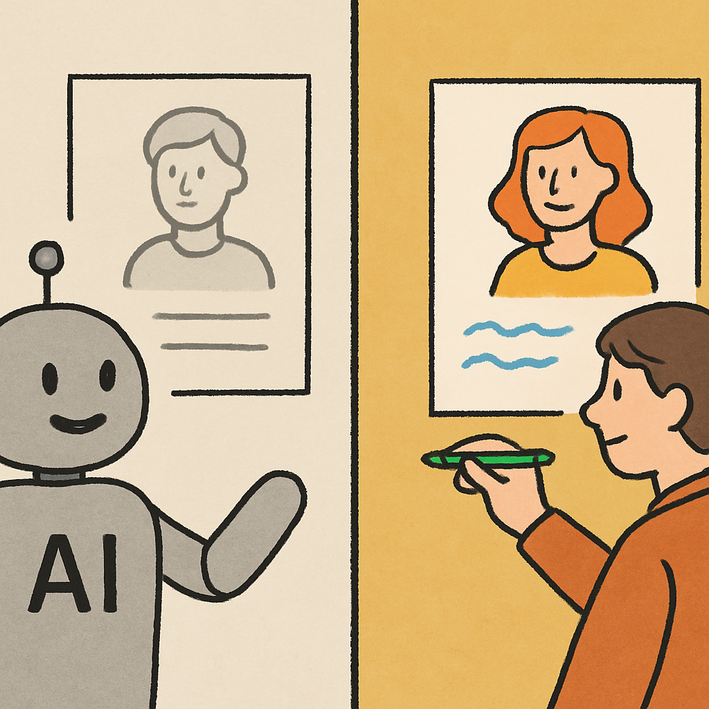 A split-screen illustration showing an AI generating a generic draft on one side and a human adding specific, colorful details on the other.