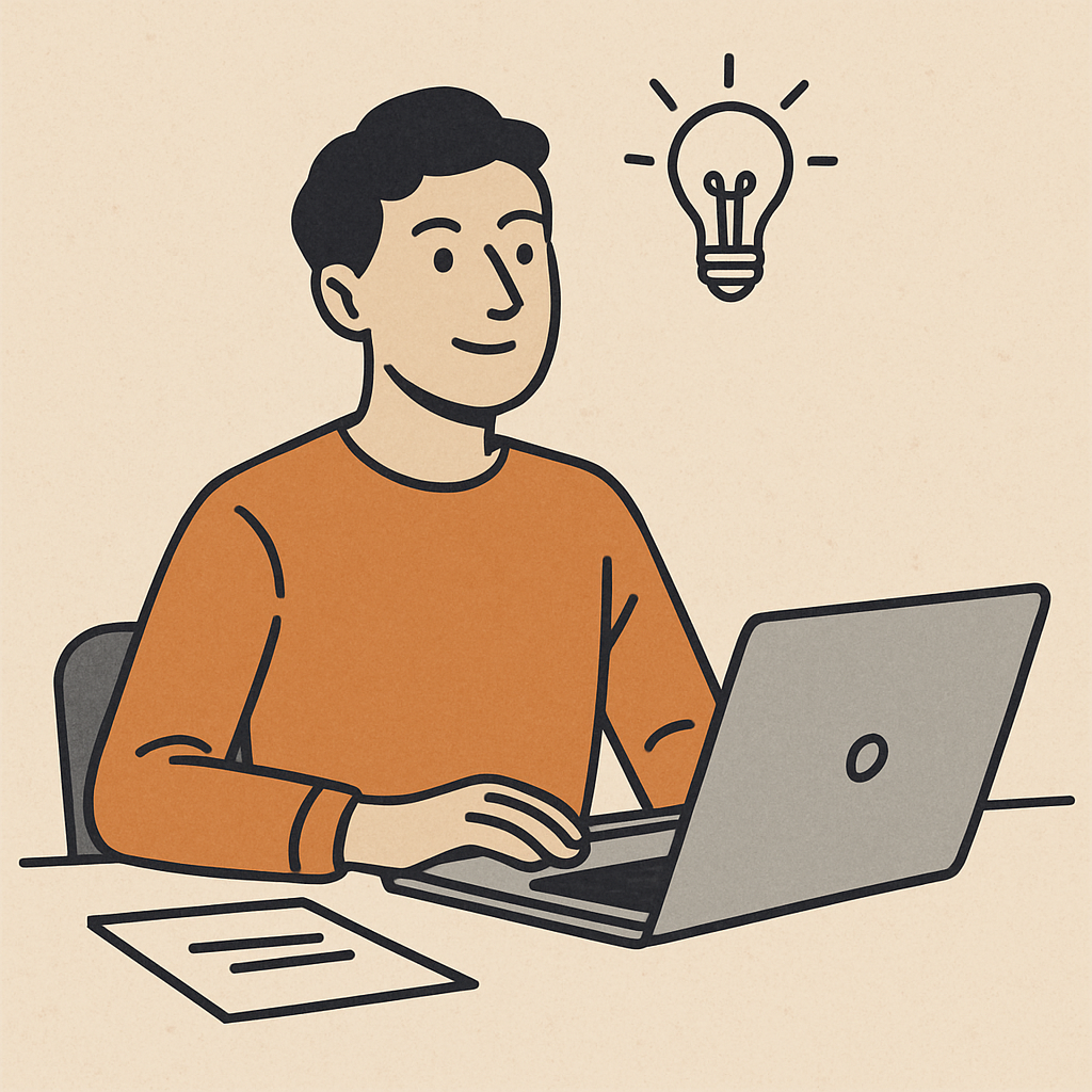 A person sitting at a desk with a laptop, looking calm and confident, with a small lightbulb icon above their head.