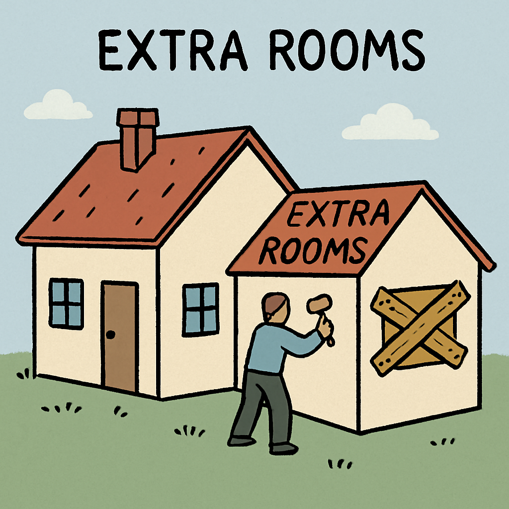 A simple illustration of a house with 'Extra Rooms' being boarded up to represent corporate resizing.