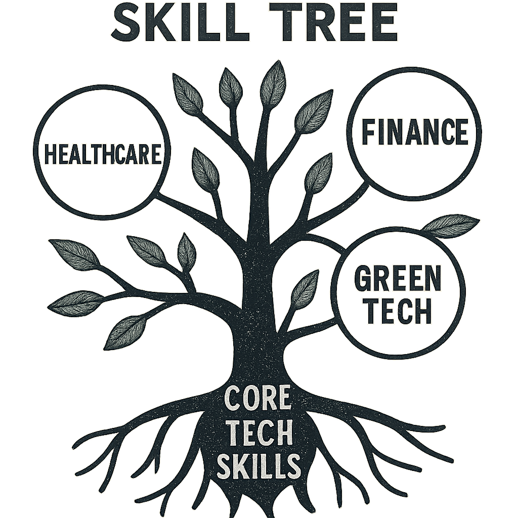 A graphic showing a 'Skill Tree' where a central trunk (core tech skills) branches out into diverse industries (Healthcare, Finance, Green Tech).