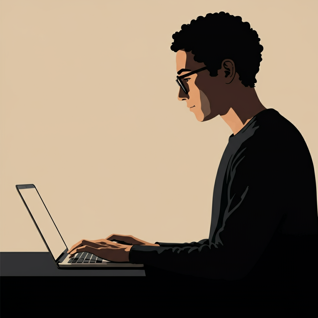 A professional working on a laptop, reviewing job listings and tracking applications.