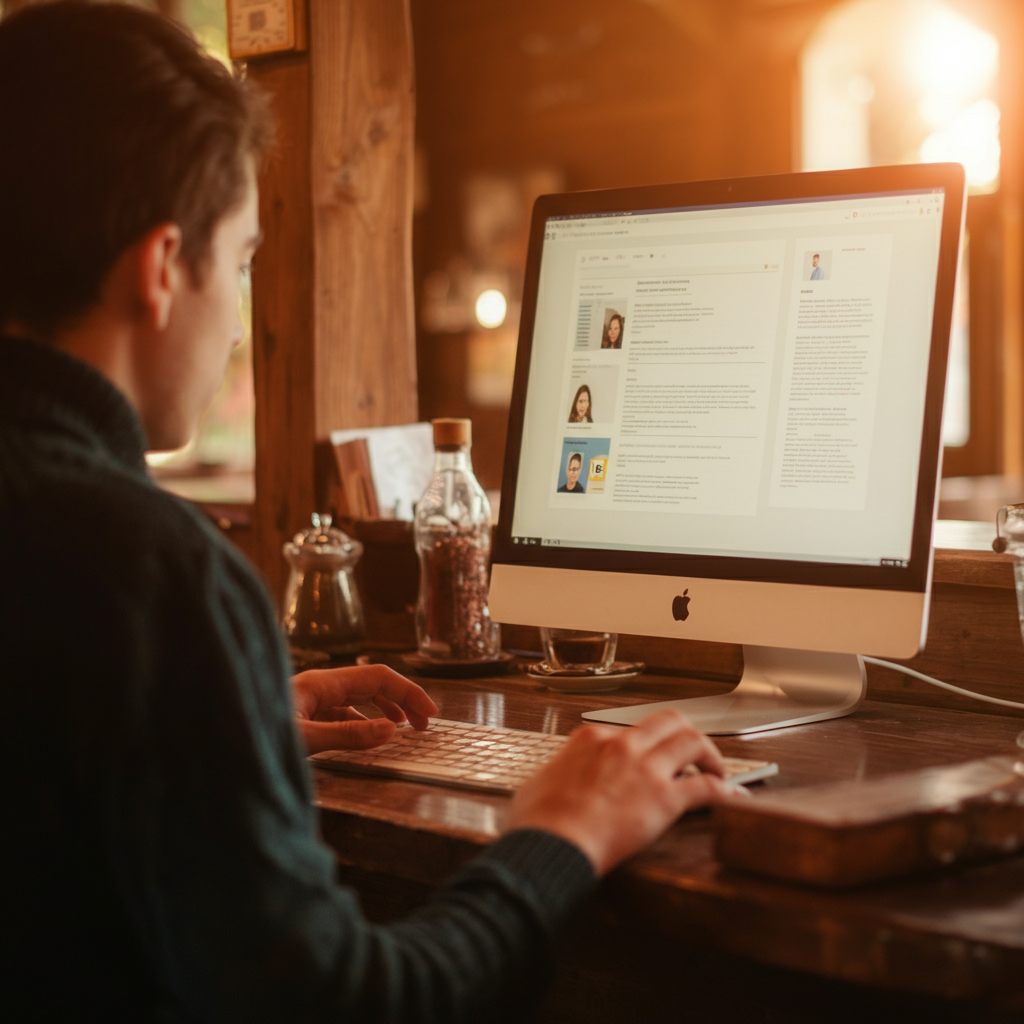 Frustrated job seeker looking closely at a laptop screen filled with job postings