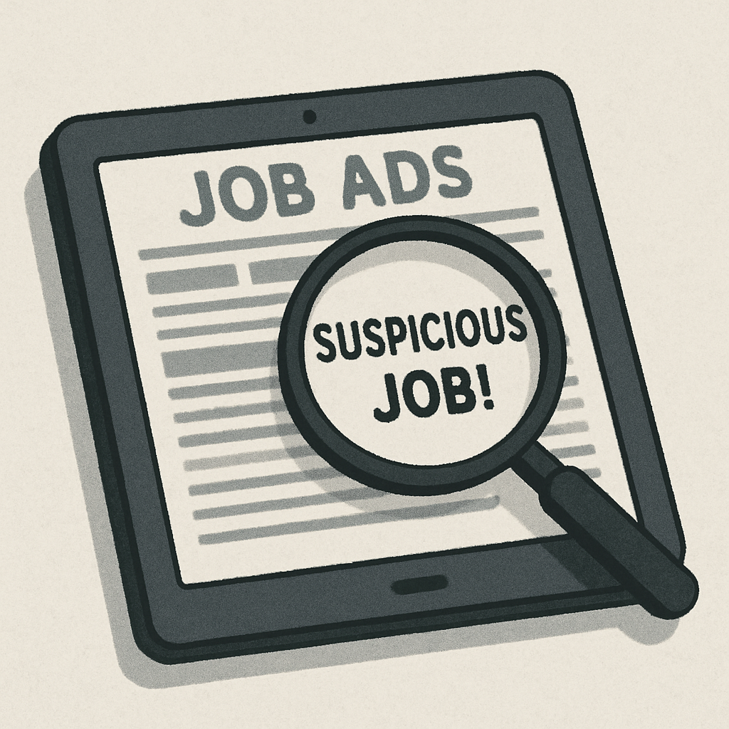 Magnifying glass hovering over a suspicious job advertisement on a digital tablet