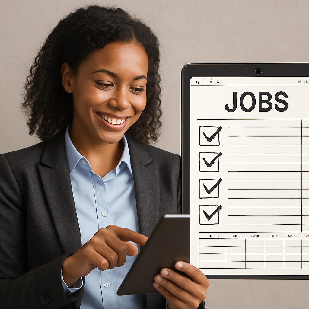 Smiling professional job seeker organizing legitimate hiring opportunities on a digital planner