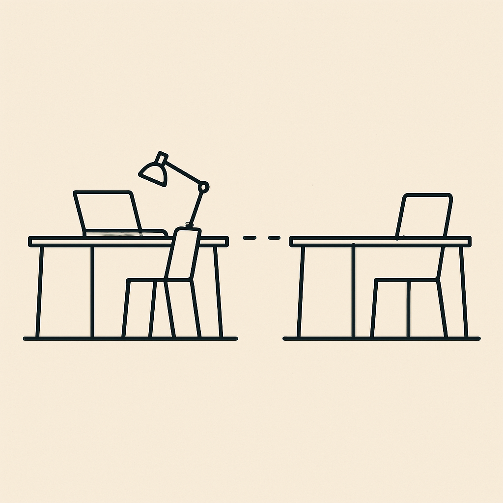 A minimalist illustration of a workspace where one desk is gradually losing its equipment (laptop, lamp) to signify gradual reduction.