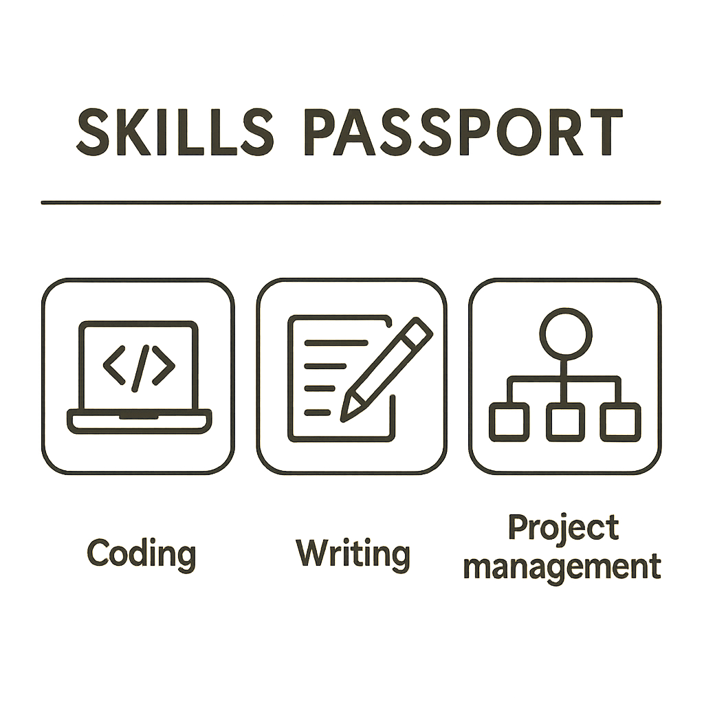 A simple 'Skills Passport' graphic showing icons for different abilities (coding, writing, project management) instead of a single job title.