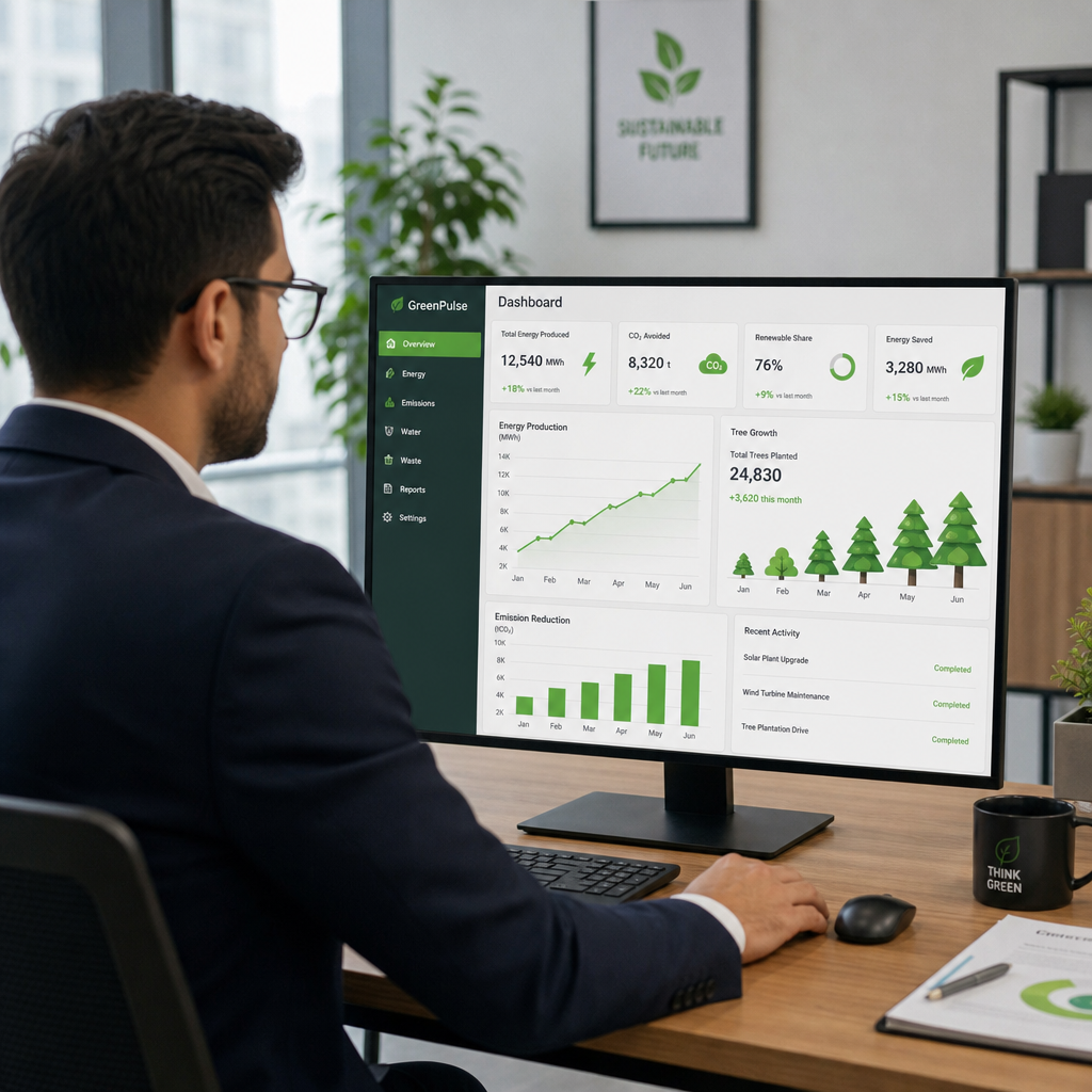 A professional in a modern office looking at a digital dashboard that shows green energy metrics and a growing forest icon.