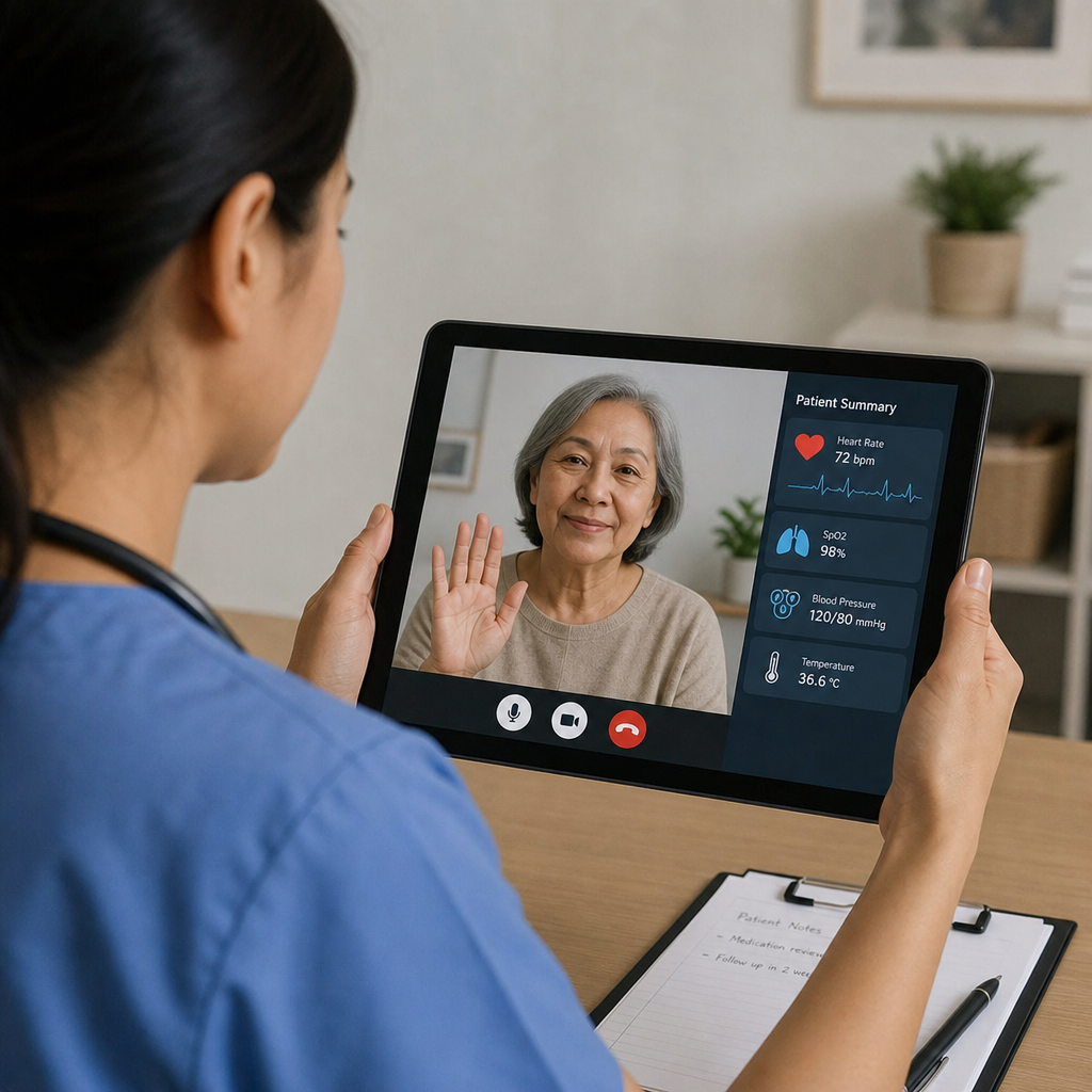A healthcare professional using a tablet to conduct a video call with a patient, with medical data icons visible on the screen.