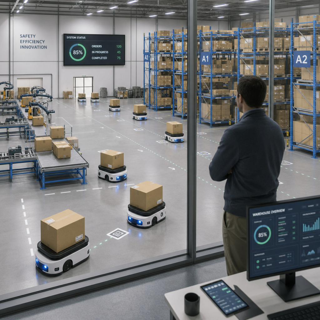 A clean, futuristic warehouse with small autonomous robots moving boxes and a manager overseeing the floor from a glass-walled office.
