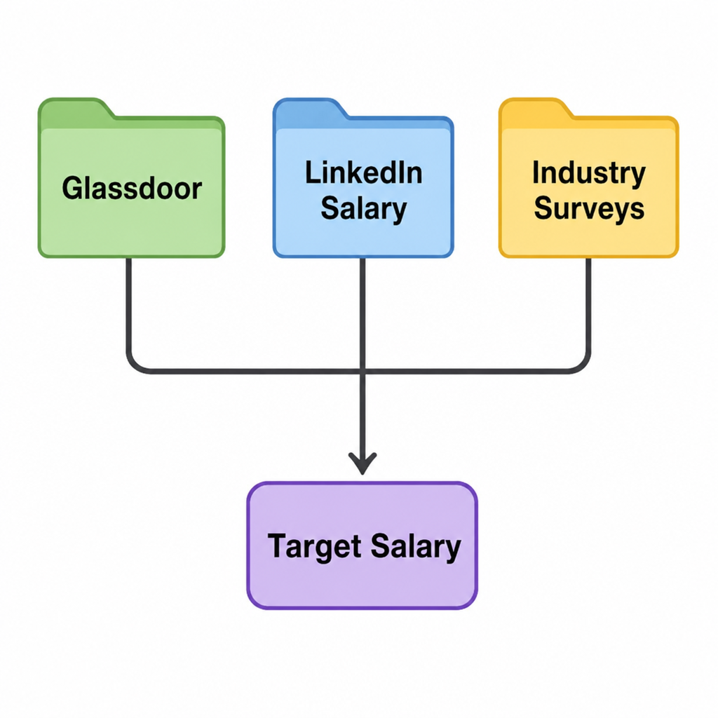 A simple graphic showing three folders labeled 'Glassdoor,' 'LinkedIn Salary,' and 'Industry Surveys' merging into one 'Target Salary' box.