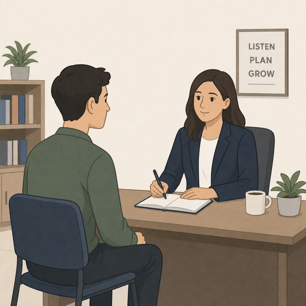 A simple illustration of a person sitting across from a manager with a notebook, looking calm and maintaining eye contact.
