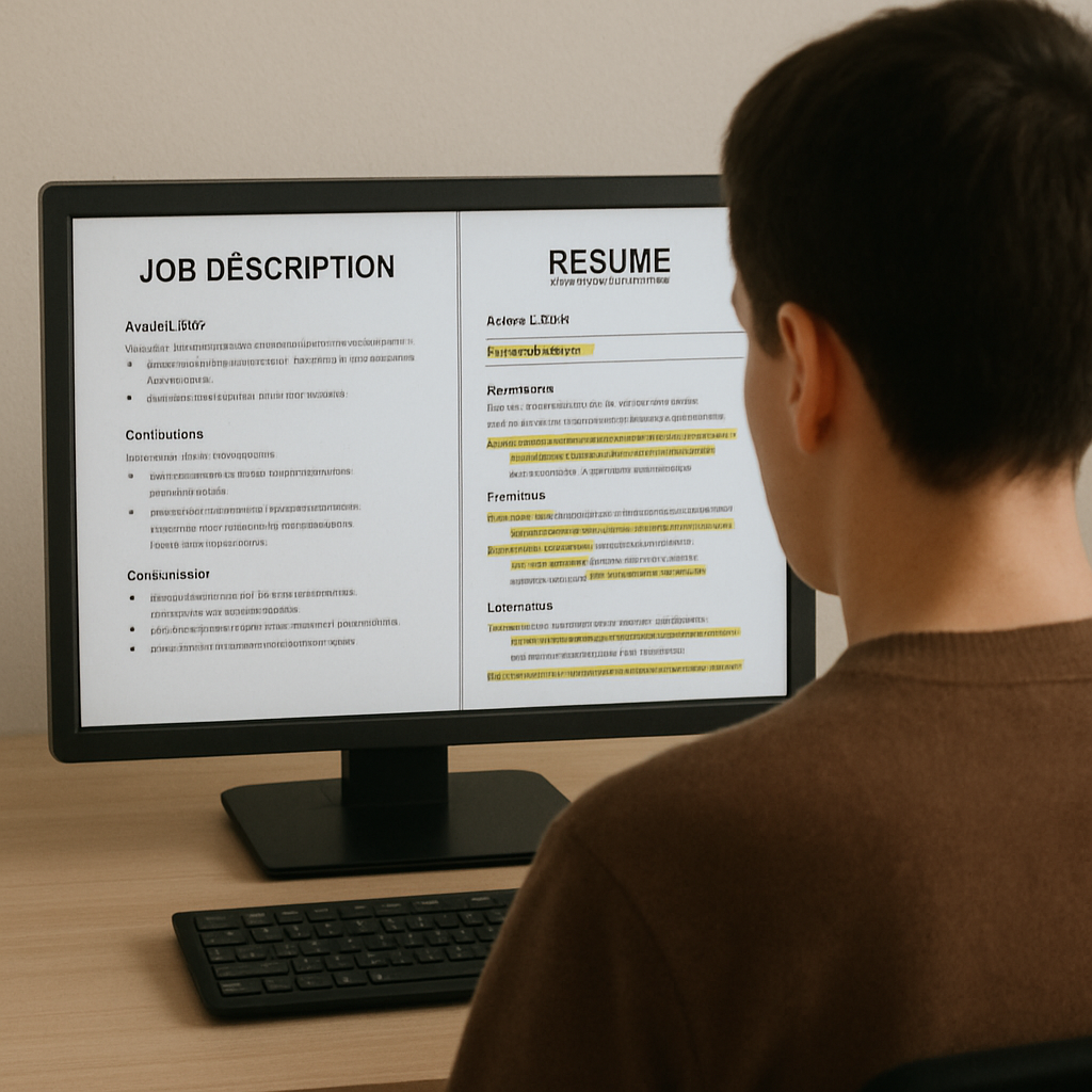 A person comparing a job description and a resume side-by-side, highlighting matched skills and keywords.