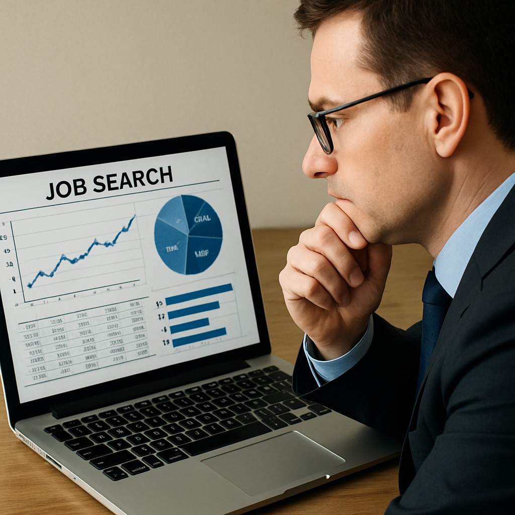 A professional looking closely at a laptop screen analyzing job search data