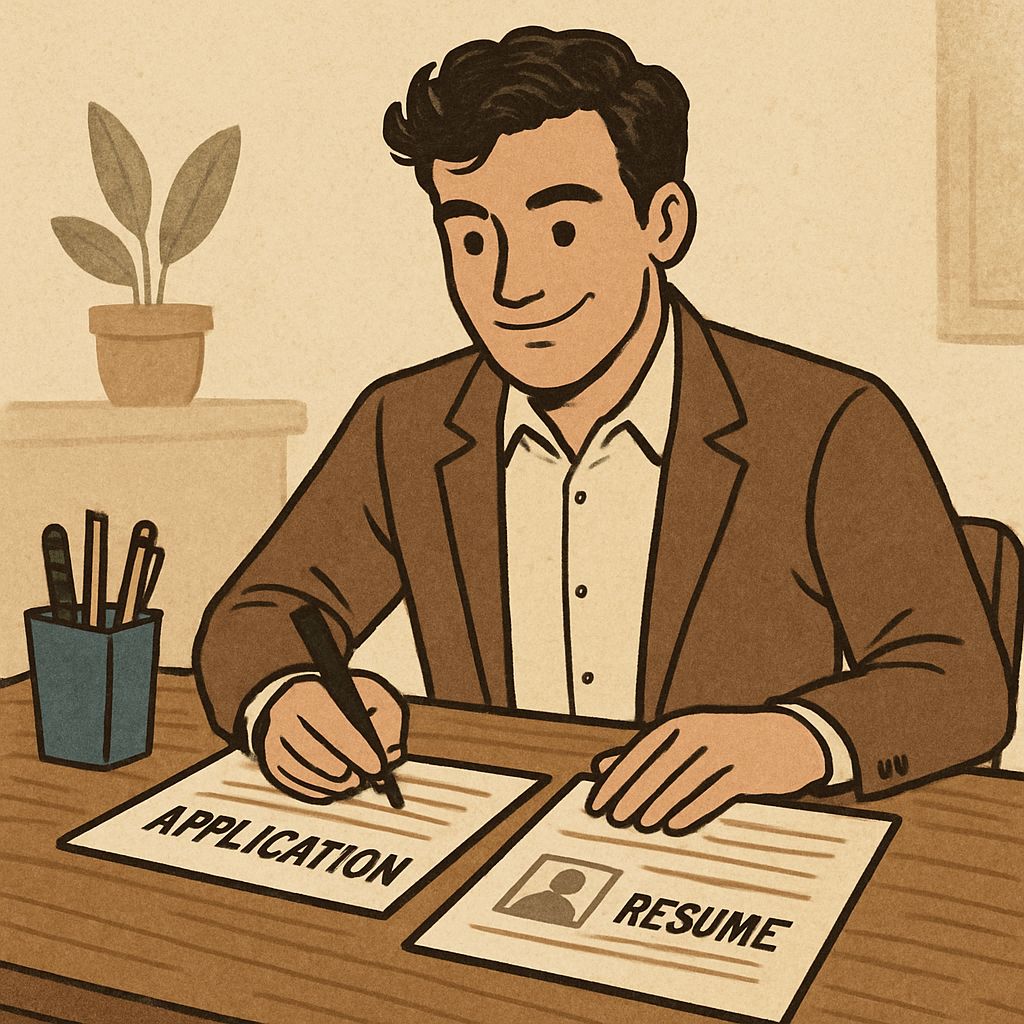 A candidate confidently preparing a job application and resume