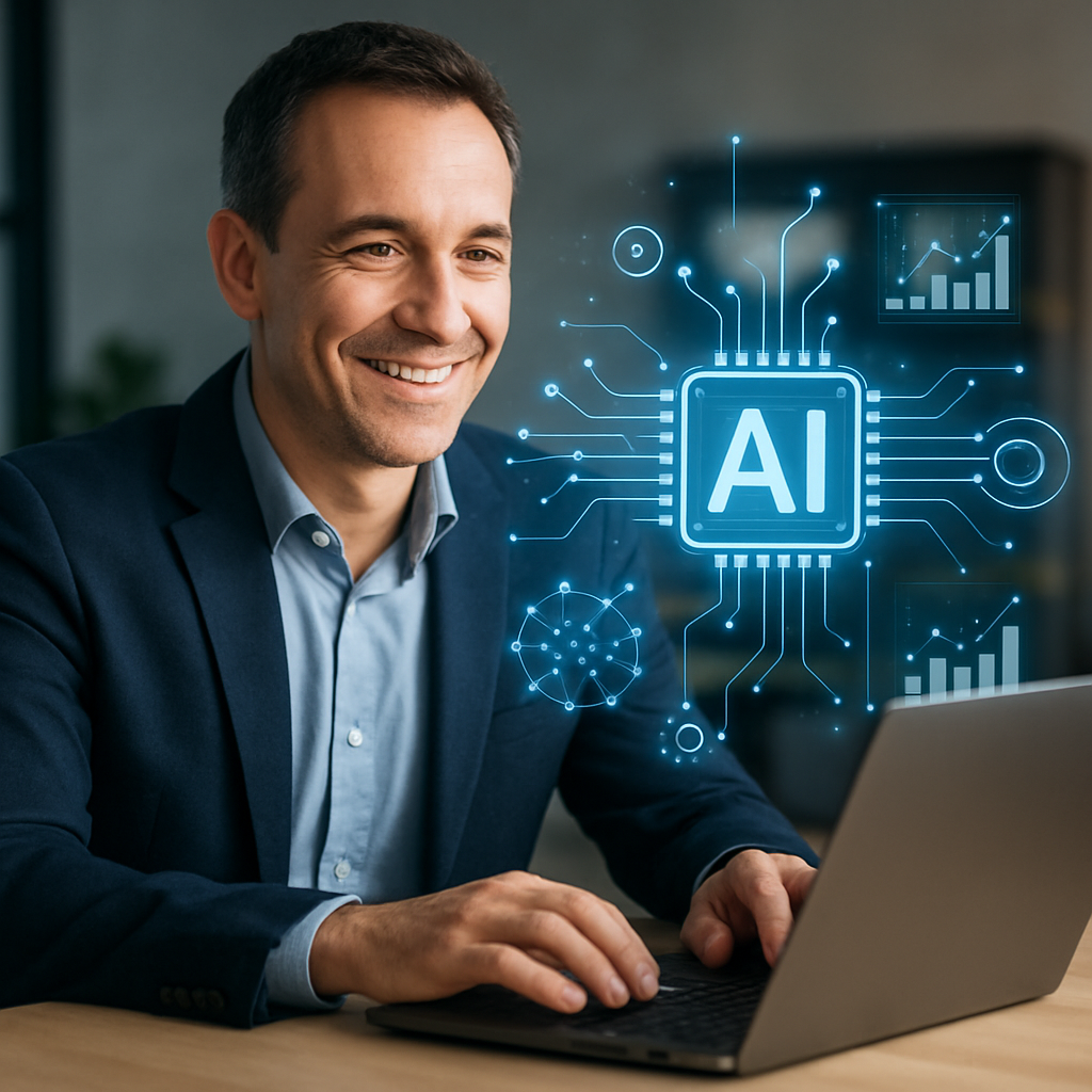 A mid-career marketing professional smiling confidently while working on a laptop with glowing AI graphics
