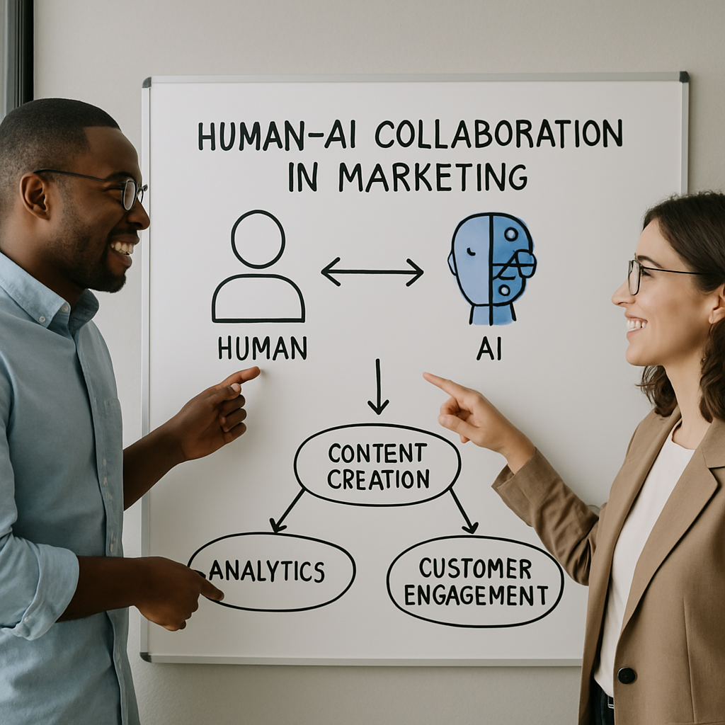 Two colleagues collaborating in a modern office, pointing at a whiteboard visualizing human-AI collaboration in marketing