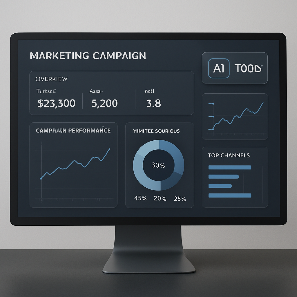 A sleek computer dashboard showing marketing campaign analytics integrated with advanced AI tools